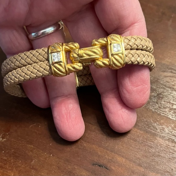 Judith Ripka Tan Double Rope Leather Bracelet 925 Gold Over Clasp EUC 8" #523 - Picture 5 of 8